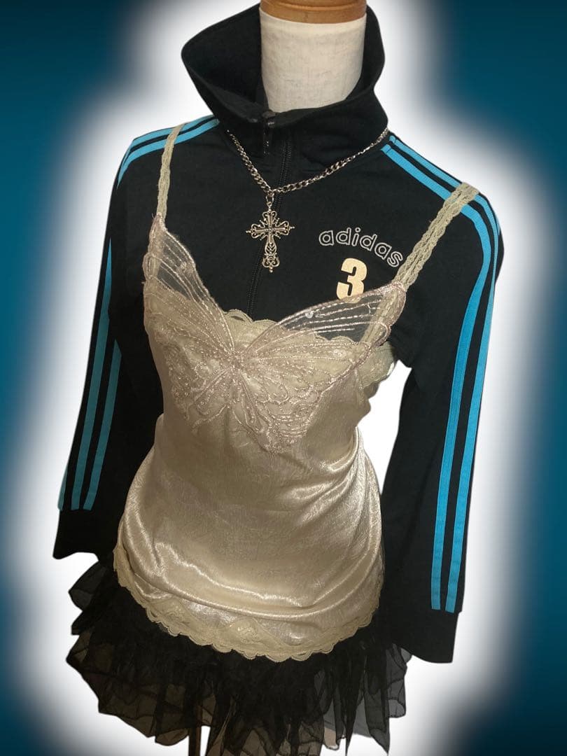 y2kビーズ刺繍キラキラ蝶々レースキャミ平成ギャル姫サテンフェアリーグランジ古着