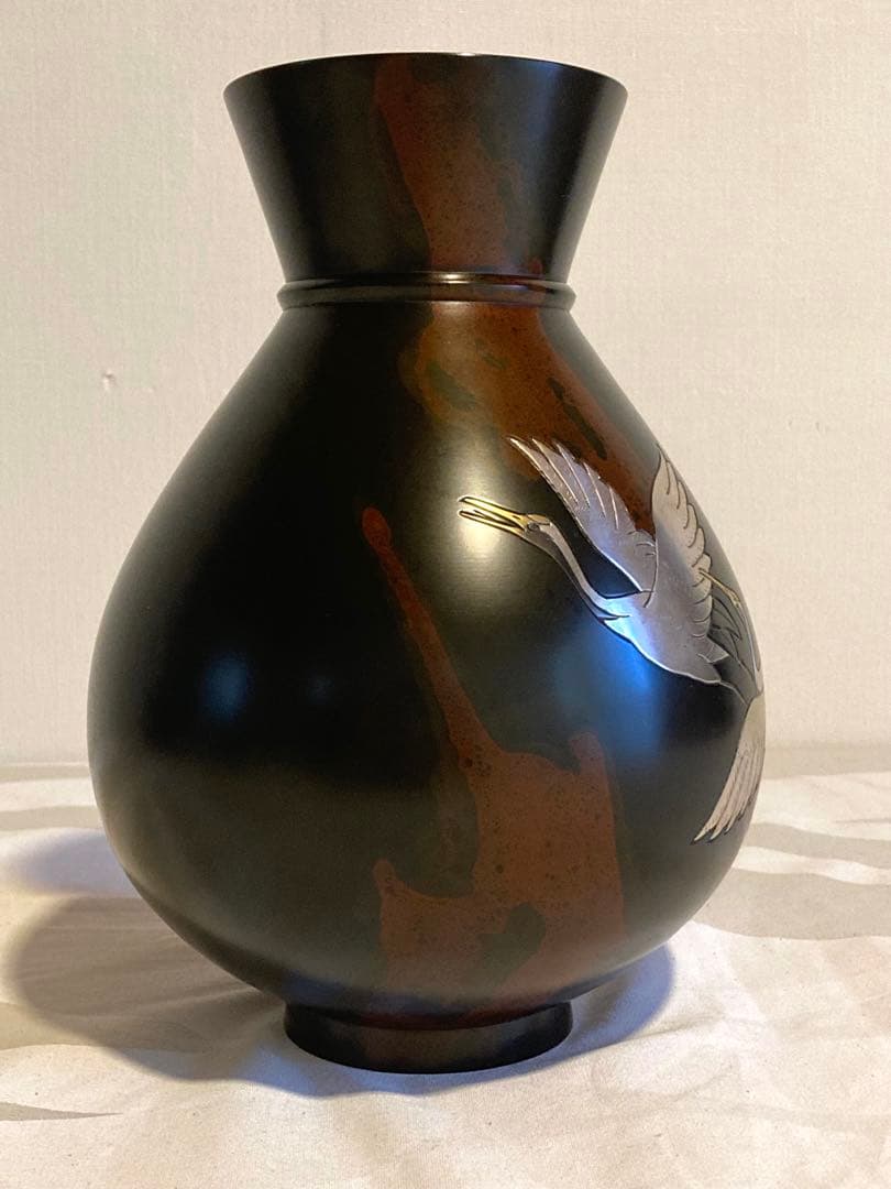 青銅花瓶 芳幸 作　共箱付き　双鶴　彫金　高岡銅器　ブロンズ　飾り壺　花器