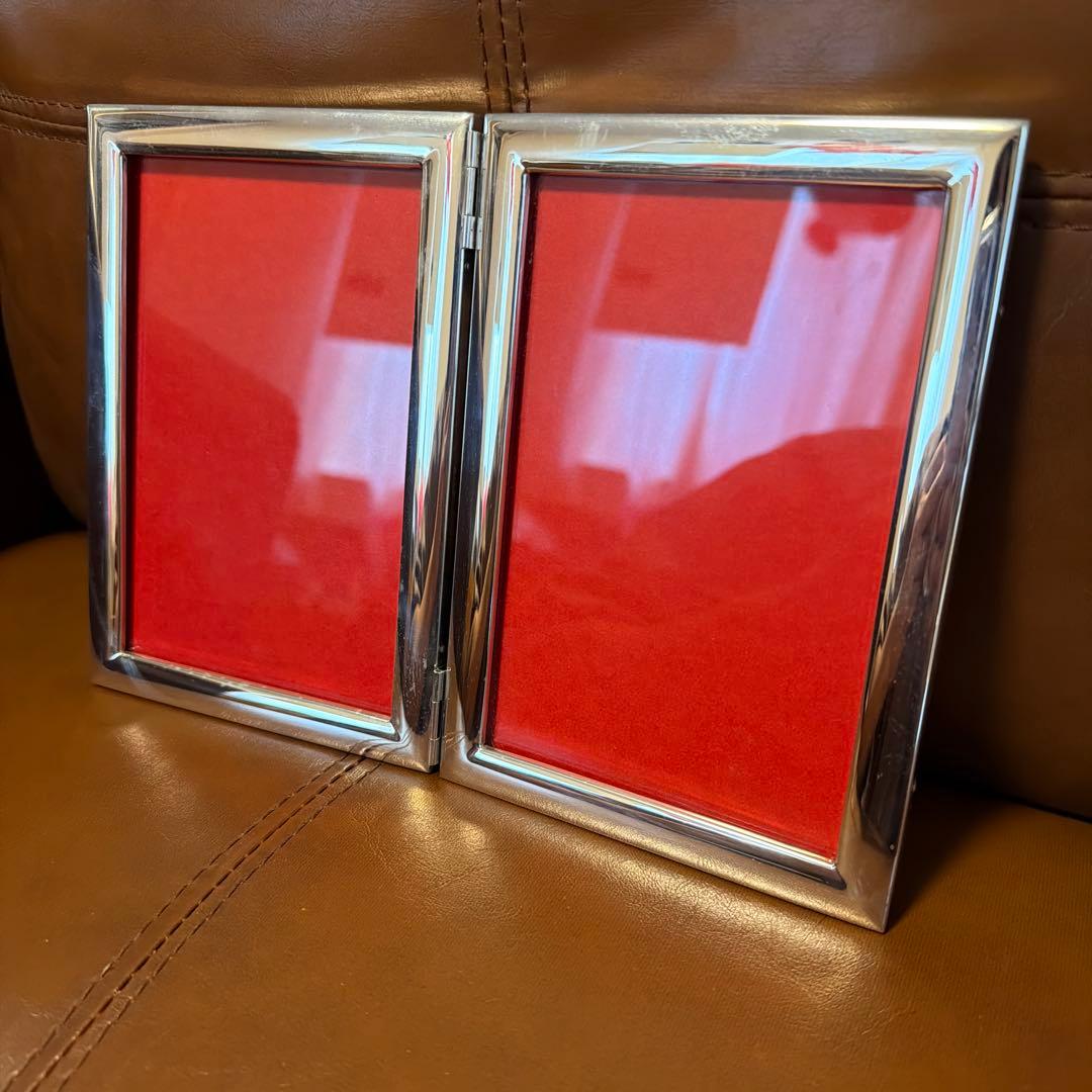 シルバー　二重フォトフレーム　木製、ガラス板　アンティーク