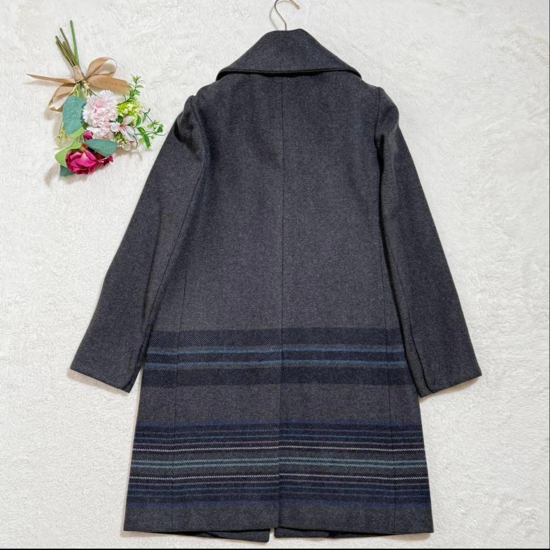 マックスマーラ ロングコート ハイネック ウール ボーダー柄 グレー　38