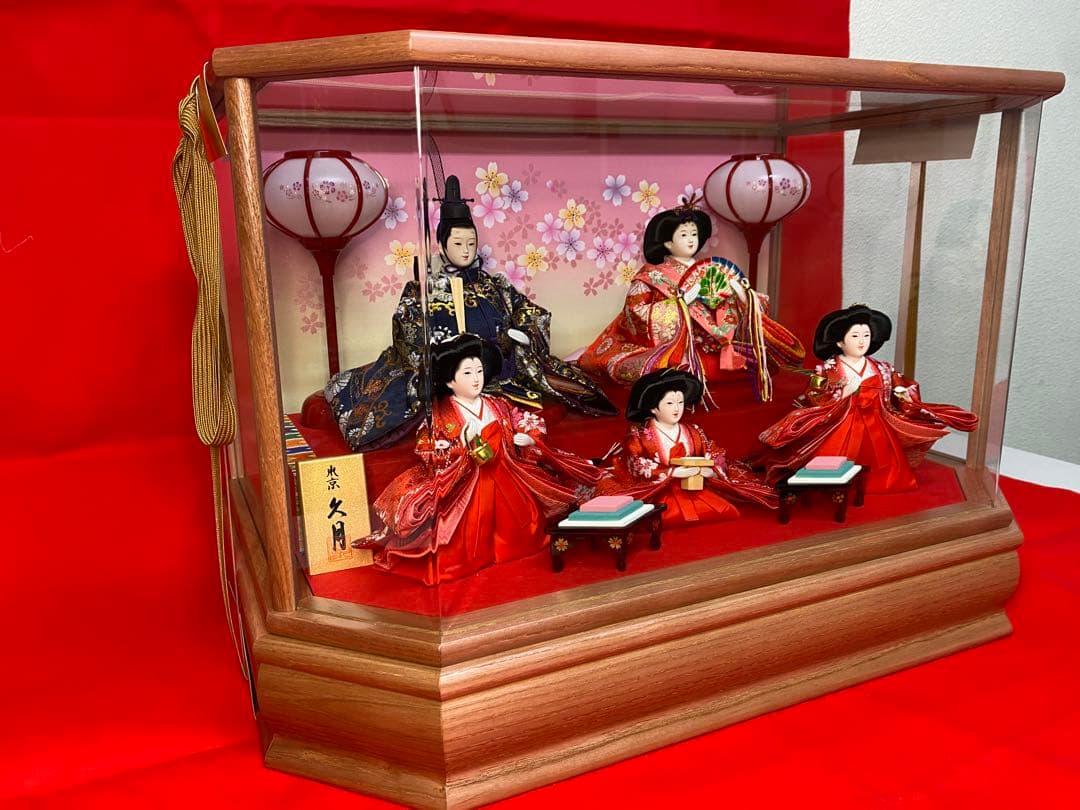 東京久月　雛人形五人飾りアクリルケース入り・間口約５２×奥行約３２×高さ約３５㎝