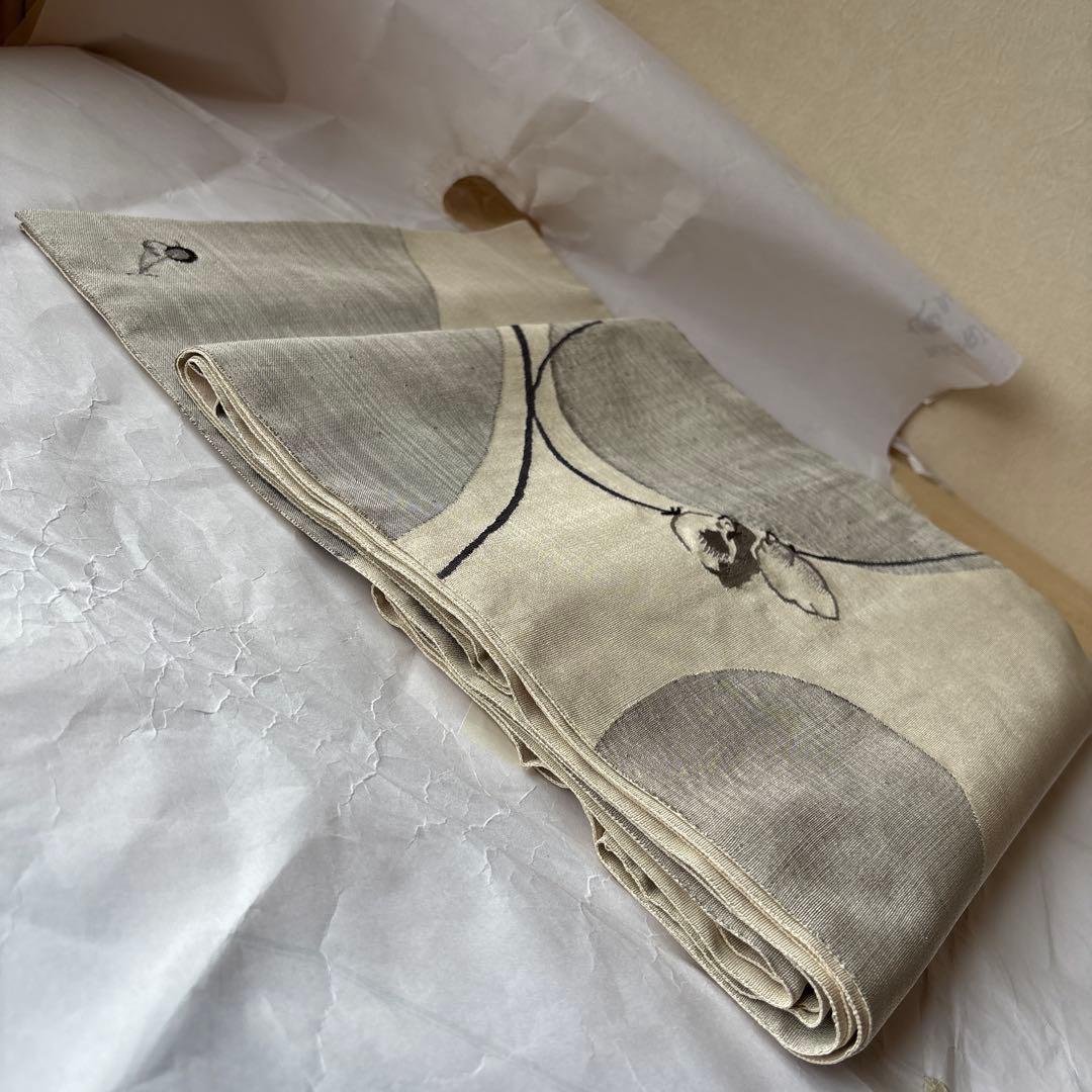 可愛いすずめ絵　織物のアート　紬袋帯　作家物