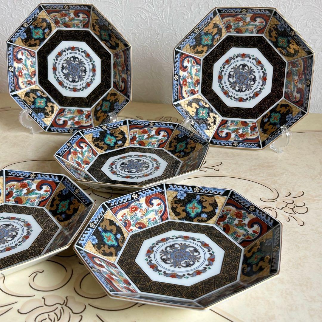 第一陶器　翔山窯　金襴手　八角皿揃　5枚セット　中皿　和皿　金彩古伊万里　色絵