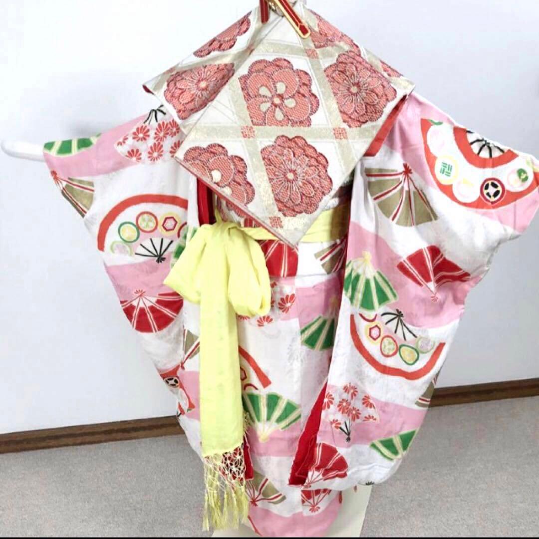 アンティーク着物　扇　古典　ピンク系　きもの帯他小物付き