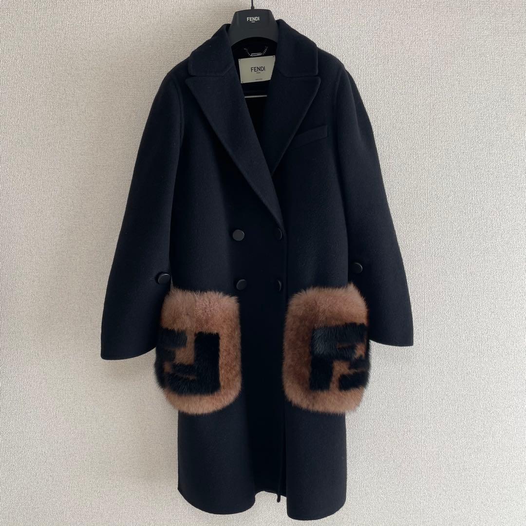 FENDI フォックスファー付 ウールコート FFロゴポケット 正規品