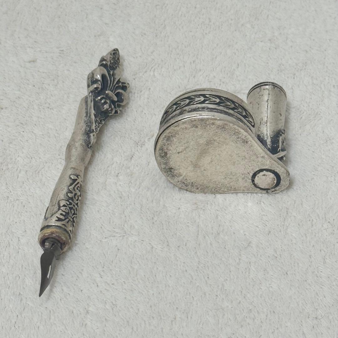 シルバー高級ハンドメイド　フルール・ド・リス ペンとインクポット シルバー万年筆