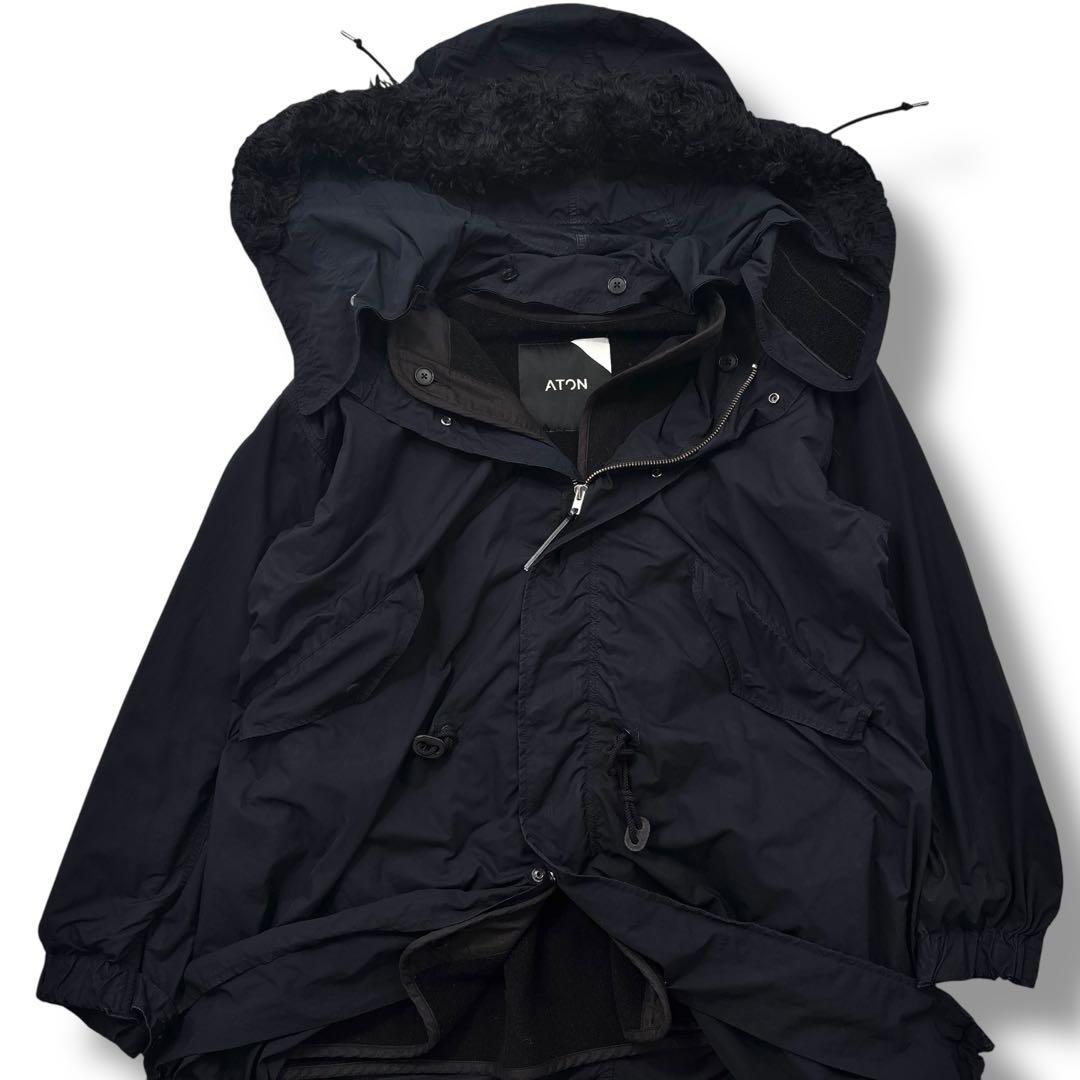 【高級】ATON エイトン　モッズコート　フード　ライナー　ファー　ネイビー