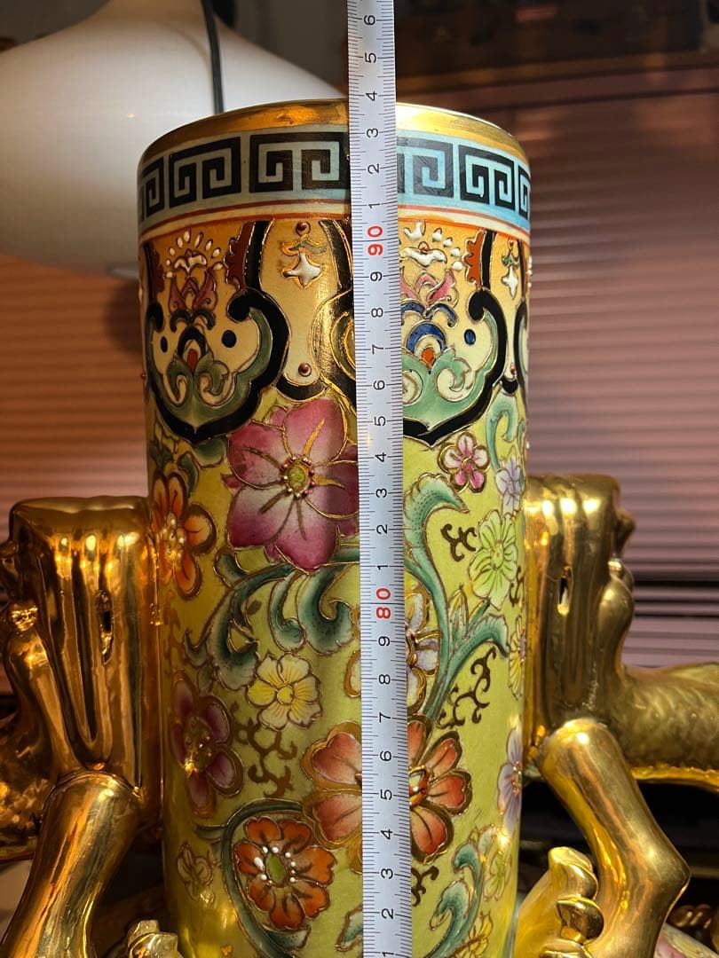 中国美術、嶺東窯製 、金彩花瓶93㌢金彩色絵 大花瓶 、鶴図 、龍、特大花瓶