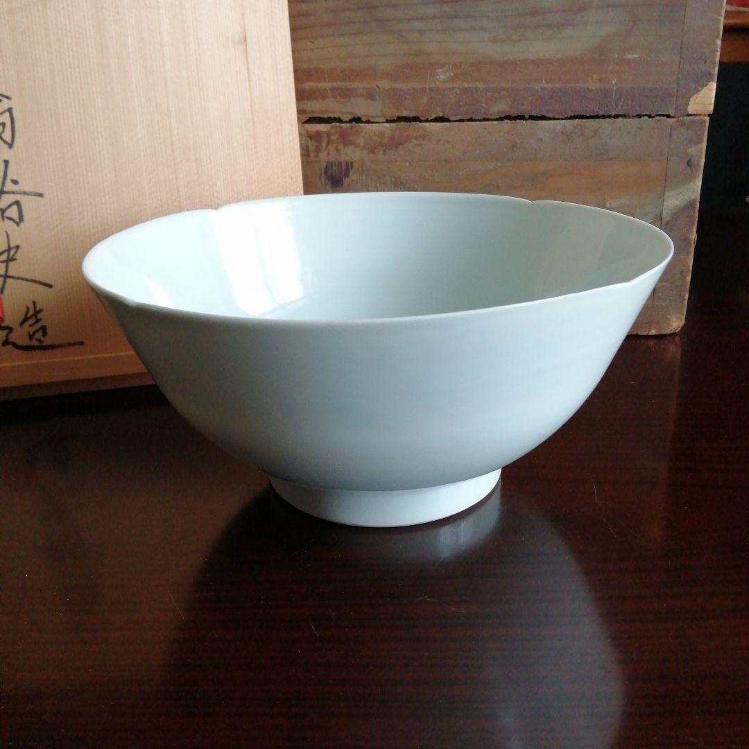 京焼　石橋裕史 　青白磁青磁釉象嵌櫛目文菓子鉢　22.2