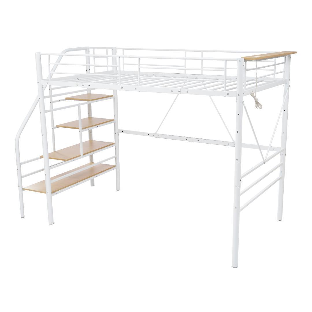 【10cm厚さマットレス付き】ロフトベッド 階段付き S シングル パイプベッド