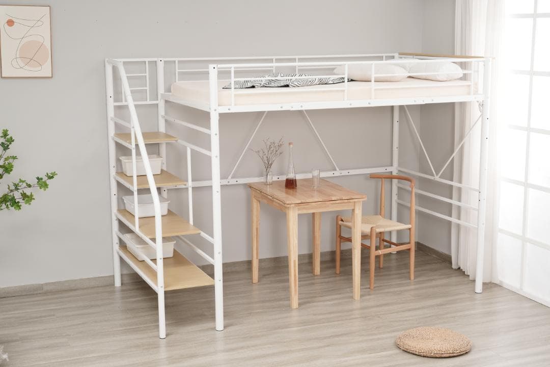 【10cm厚さマットレス付き】ロフトベッド 階段付き S シングル パイプベッド