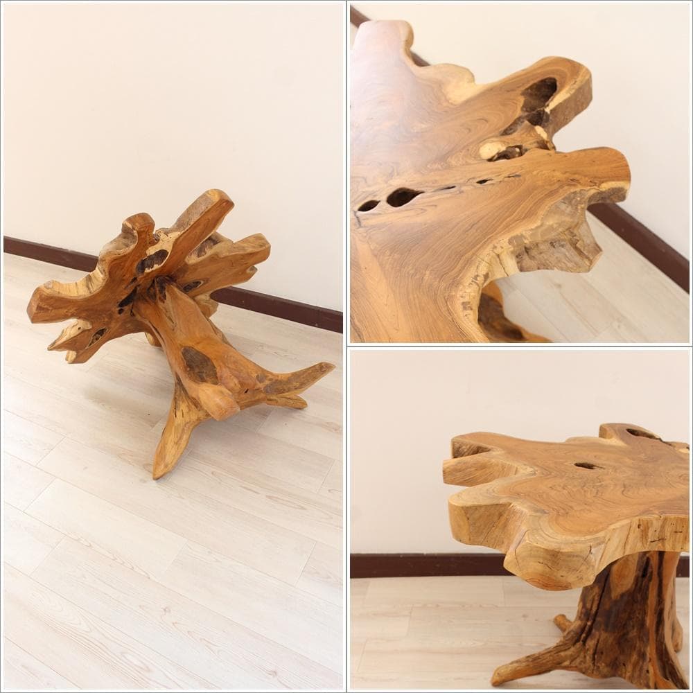 在庫処分 １点もの 木製 テーブル チーク材 天然木 一枚板 切り株 根 B-7