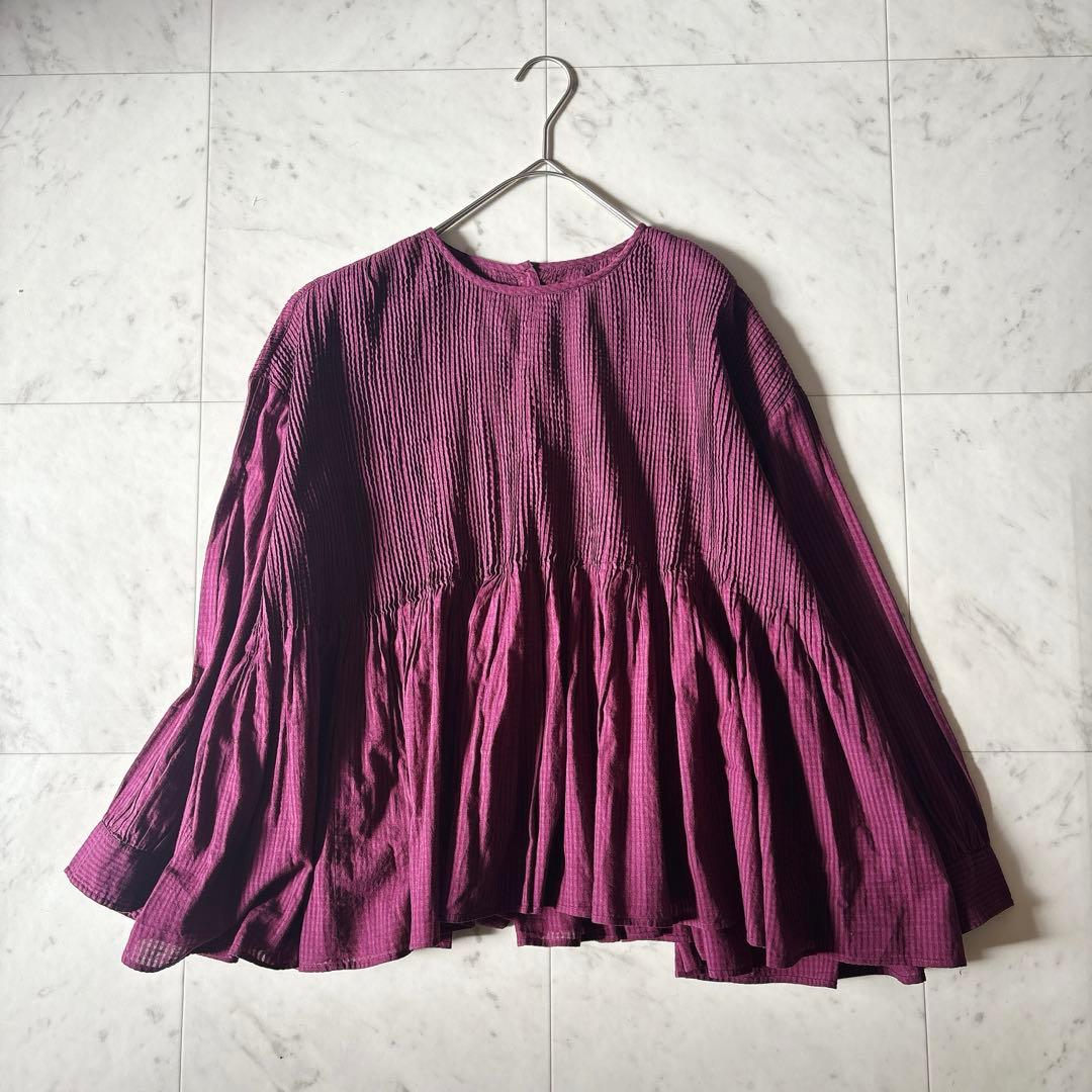 美品 メゾンドソイル ピンタック ギャザーブラウス コットンボイル 綺麗色