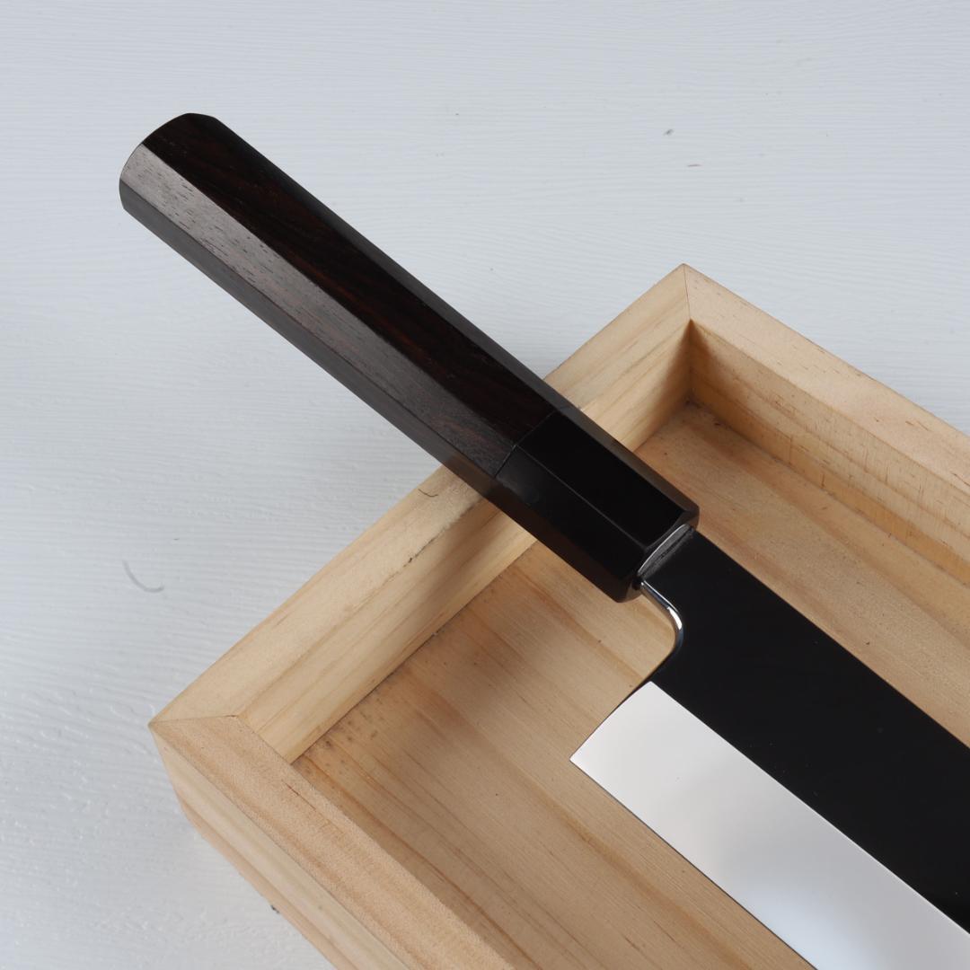 7669梵静刃物 ウルトラ鏡面（完全手研ぎ）鎌型薄刃包丁 8寸 黒檀黒水牛八角柄