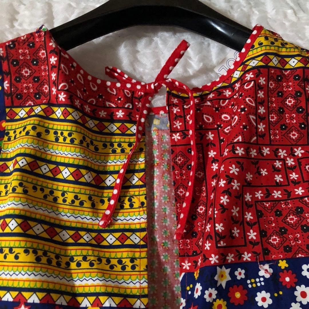 レトロポップ　総柄　エスニック　アジアン　ロング　エプロンドレス