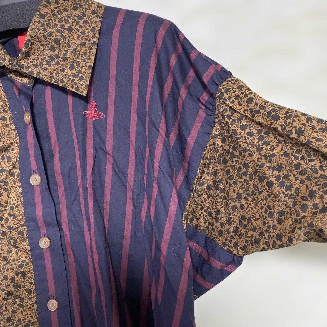 ヴィヴィアンウエストウッド変形デザイン長袖シャツストライプ、ボタニカル