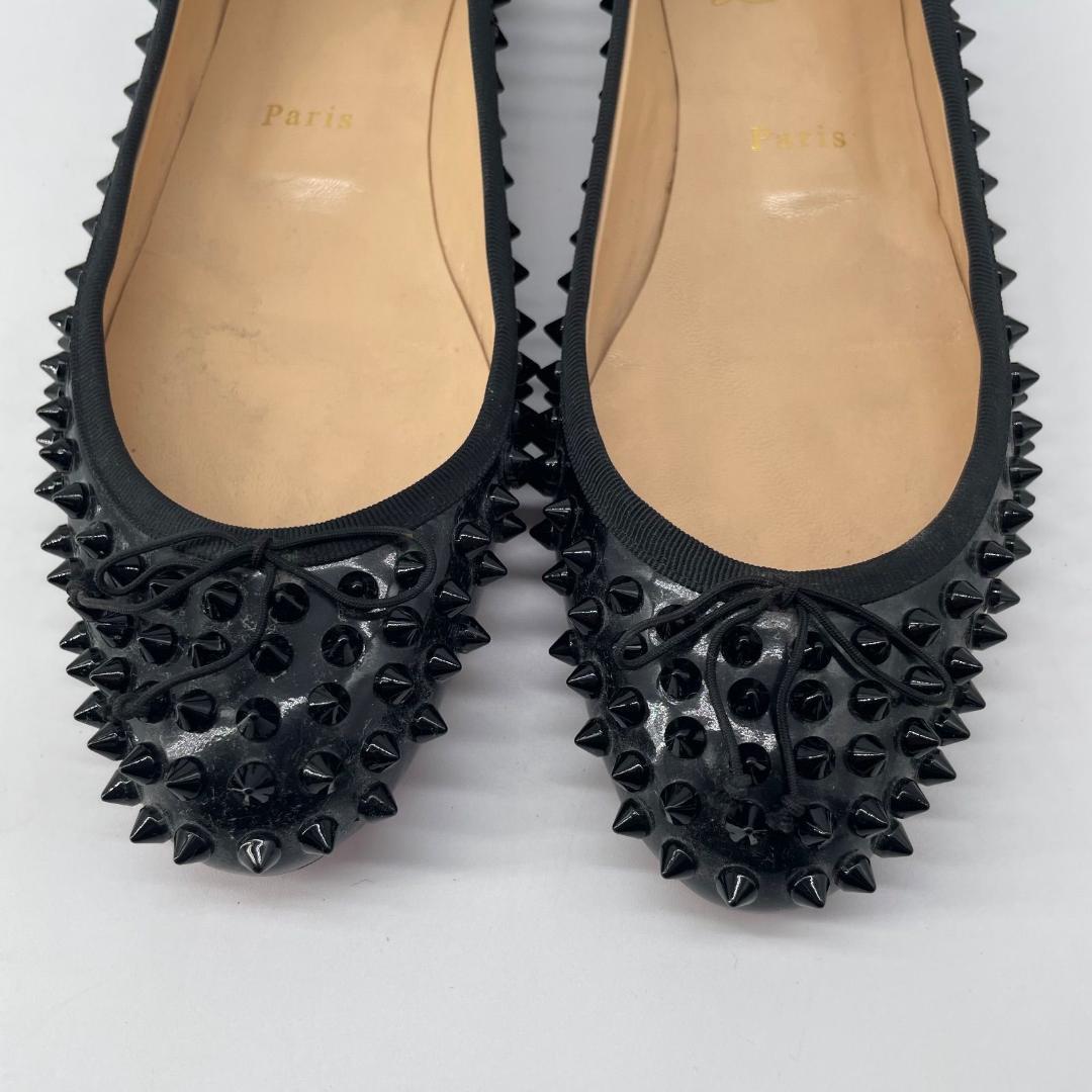 16516✨クリスチャンルブタン スタッズ リボン フラットシューズ ブラック