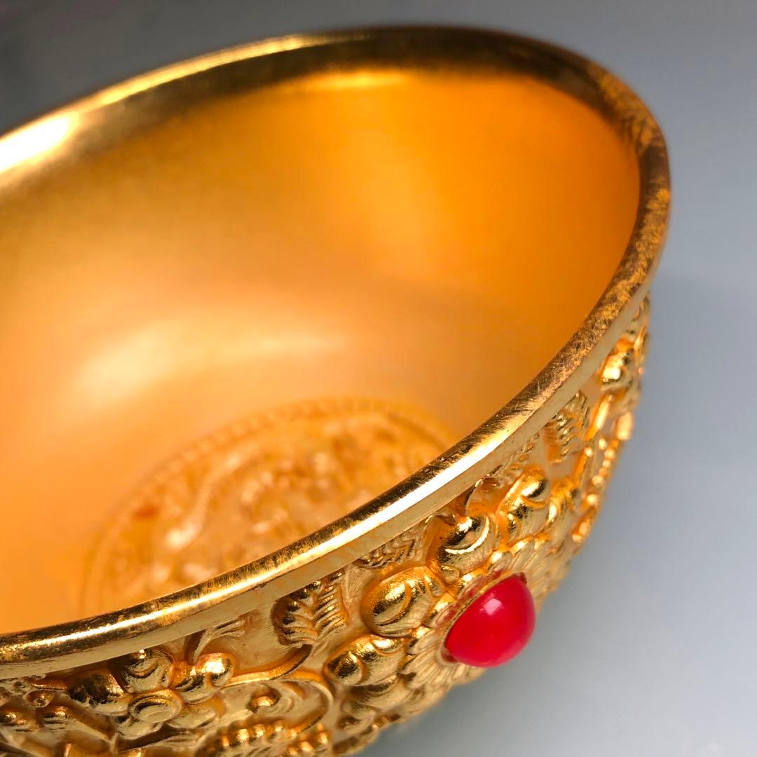 古美術　金わん　 龍鳳彫刻　清国 茶碗　吉祥花紋 流金鎮座 縁起物インテリア