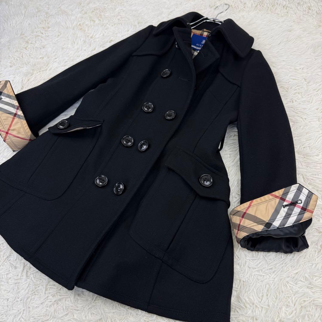 極美品 バーバリーブルーレーベル ウールコート アンゴラ チェック ダブル 黒