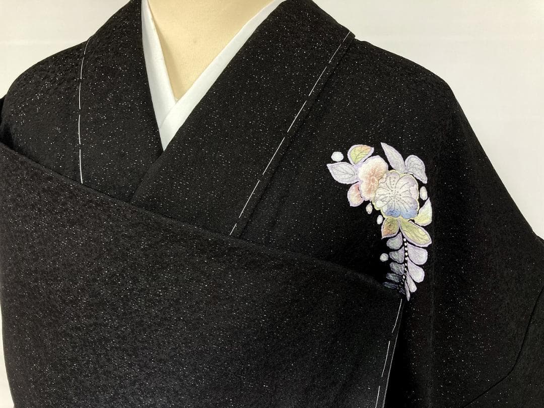 未使用 辻が花 絞り 銀通し 訪問着 正絹 袷 黒 紫 パステルカラー 1373