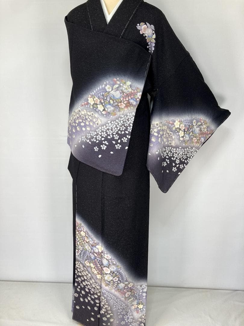 未使用 辻が花 絞り 銀通し 訪問着 正絹 袷 黒 紫 パステルカラー 1373