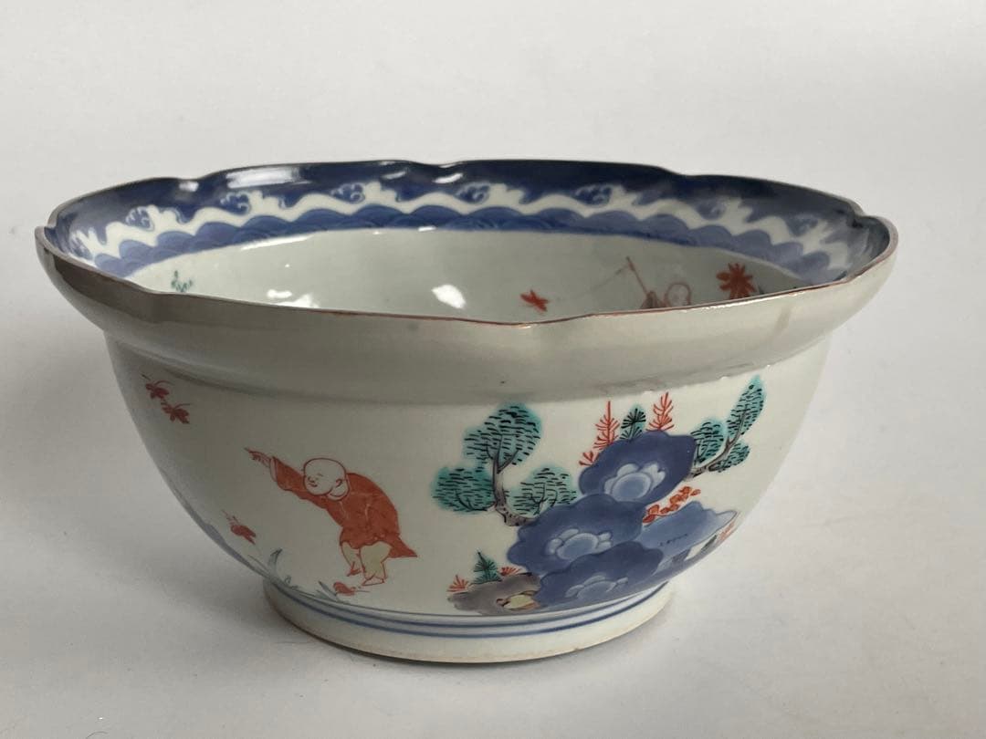 骨董　アンティーク　柿右衛門　色絵　染錦　唐子遊戯図　輪花鉢　深鉢　鉢　古伊万里