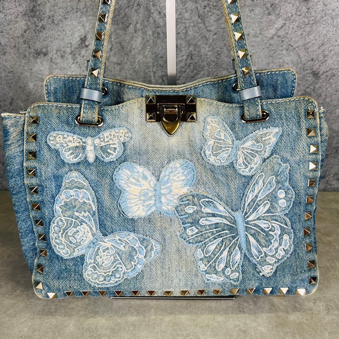 Valentino デニム 蝶 刺繍 スタッズ 2way ハンドバッグ
