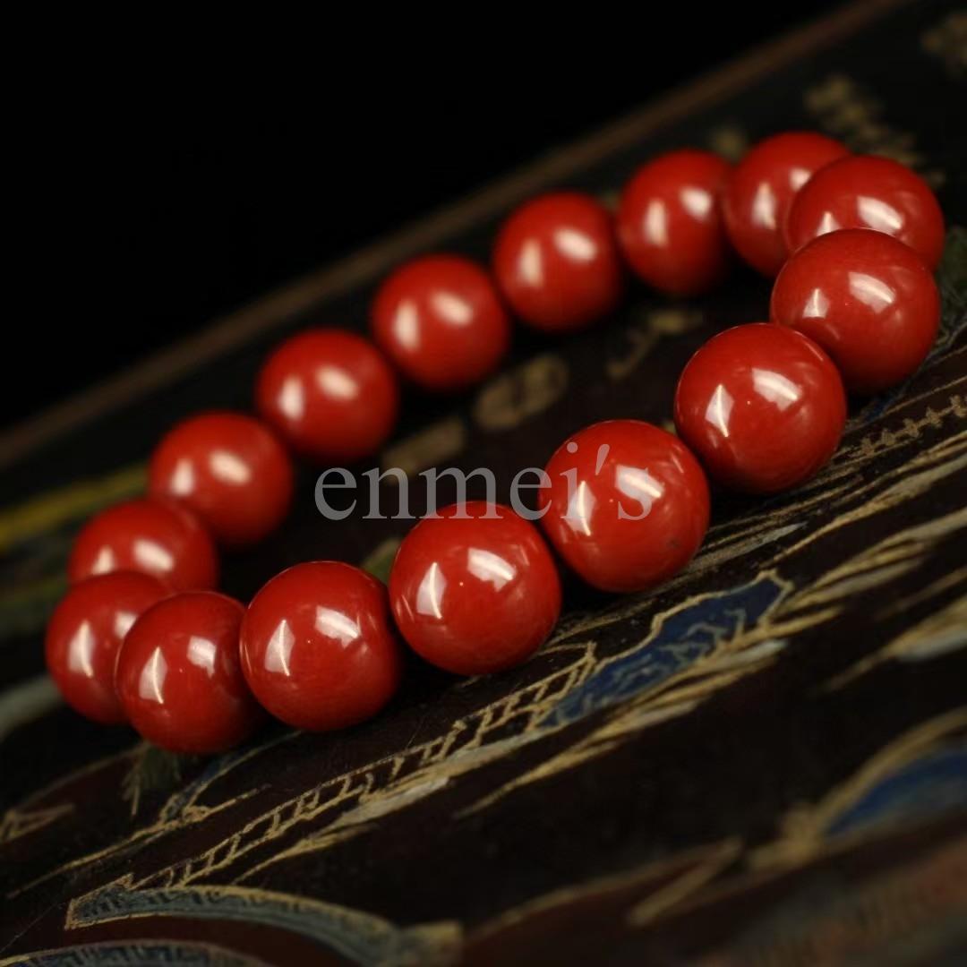 天然朱砂(シナバー )帝王砂真っ赤　１４mm縁起　魔除け|ブレスレット木箱付き