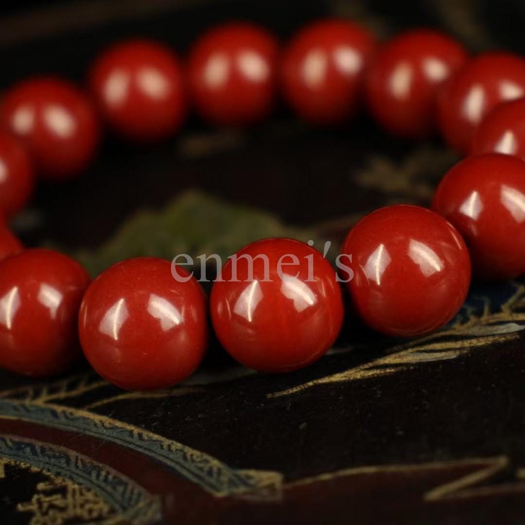 天然朱砂(シナバー )帝王砂真っ赤　１４mm縁起　魔除け|ブレスレット木箱付き