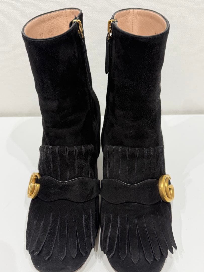 グッチ　ショートブーツ マーモント スエード フリンジ　ブラック サイズ38