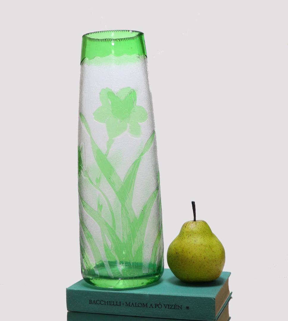 オールド・バカラ 1880年頃美術館級 緑色被せ硝子 特大アシッドエッチング花瓶
