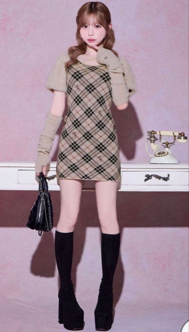 ミシェルマカロン♡ファースリーブチェックワンピース新品タグ付フリーサイズ