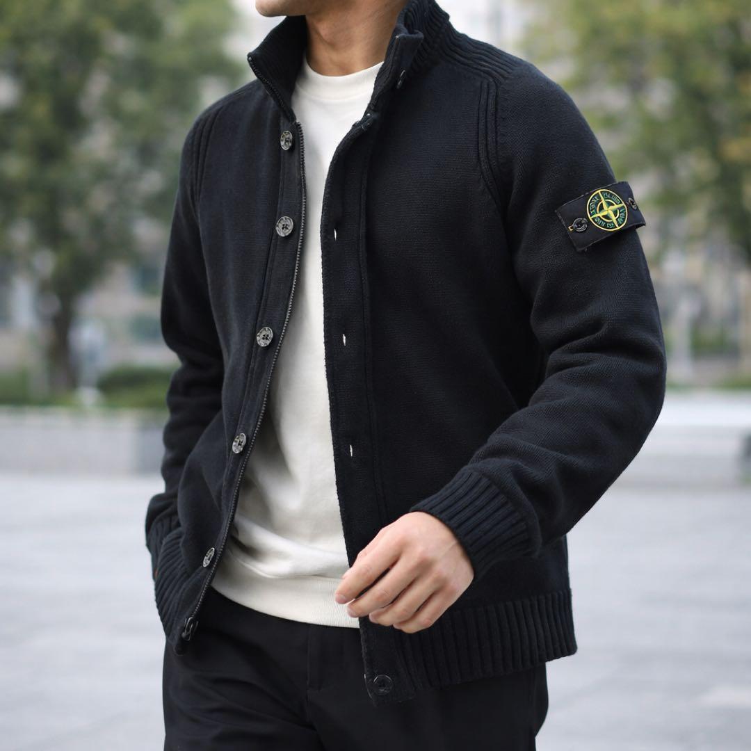 美品 ストーンアイランド 肩バッジ付 ニットブルゾン カーディガン XL 黒