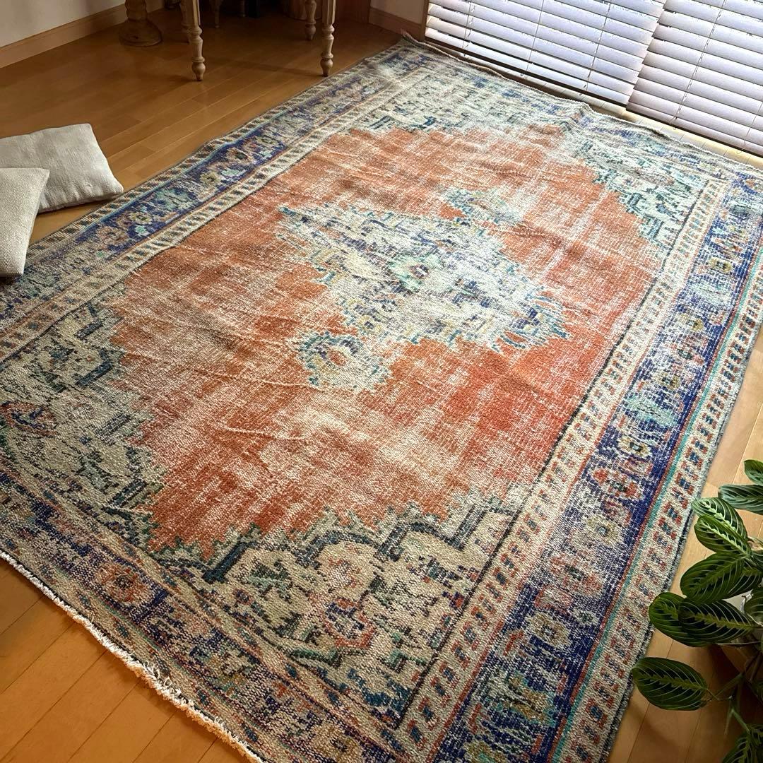 大判162×227 夕焼けオレンジ　貴重　メダリオン　トルコヴィンテージラグ