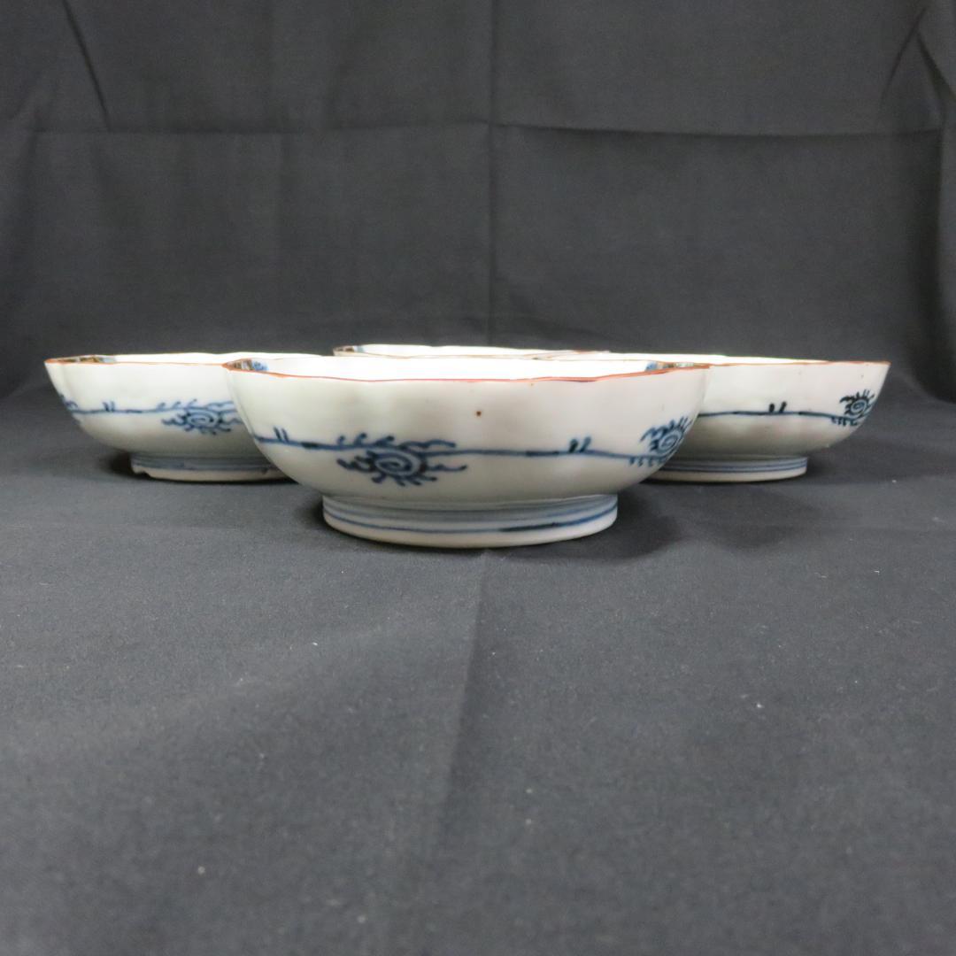 なます皿 4枚 染付 金彩 船 月 川 山水 風景絵図 古伊万里 窯傷