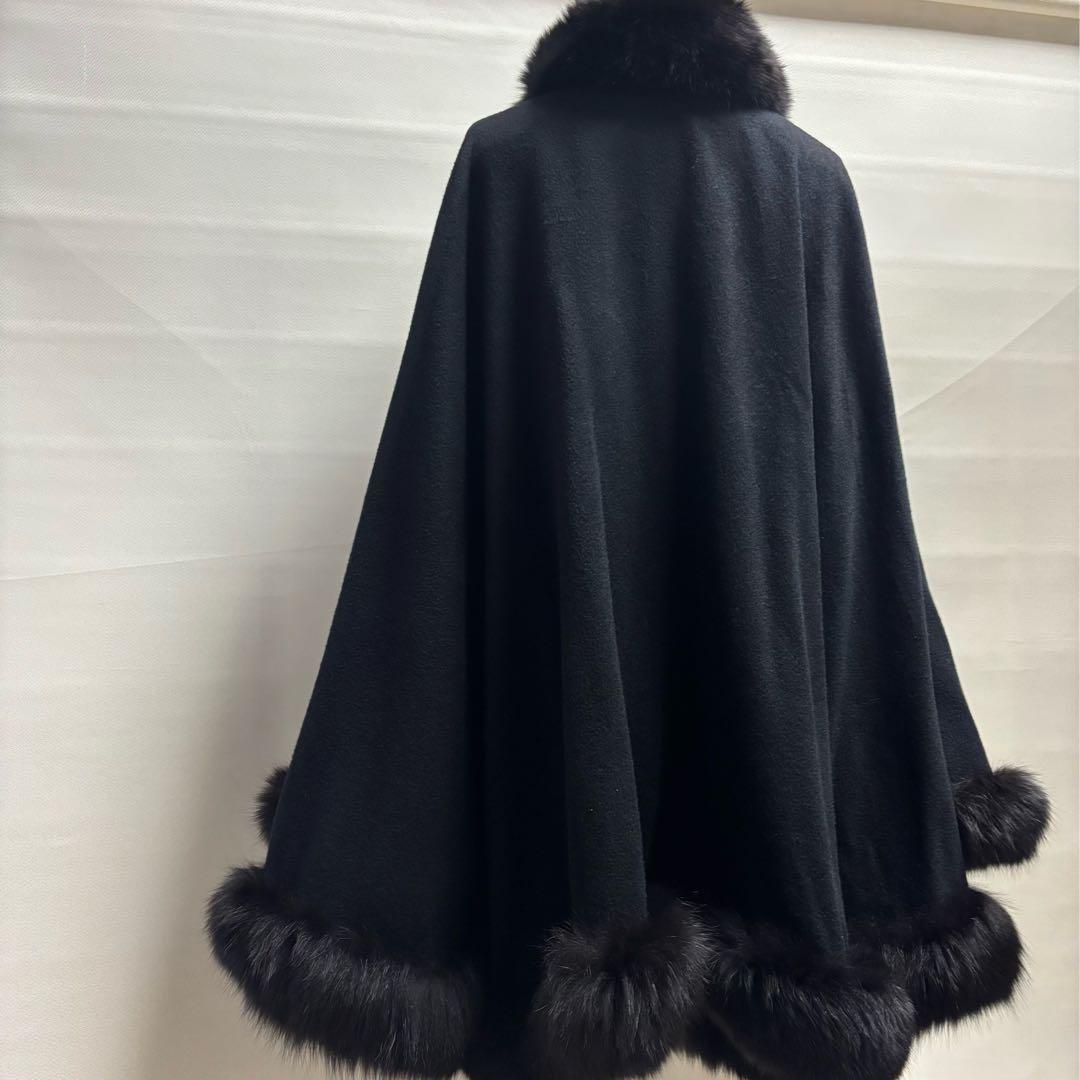 カシミヤケープマント フォックストリミング ロング丈 ブラック レディース