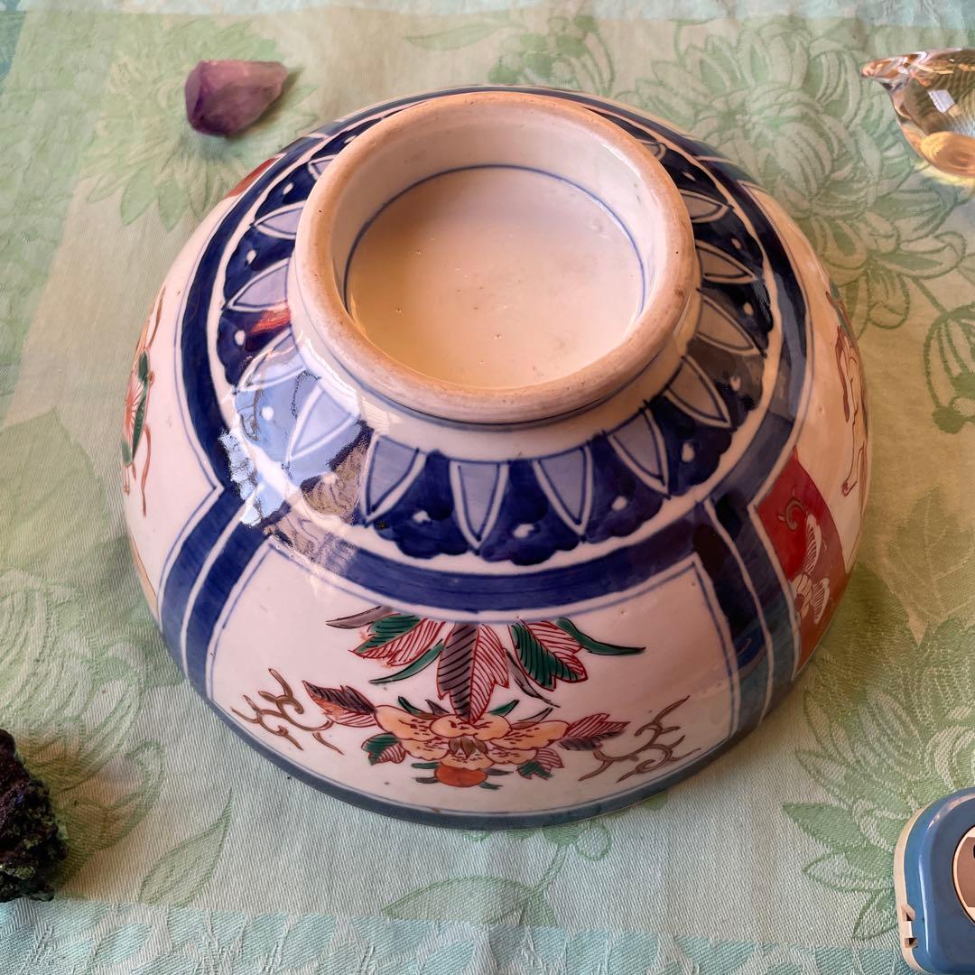 幕末明治　金彩　色絵　染付　獅子　牡丹　深鉢