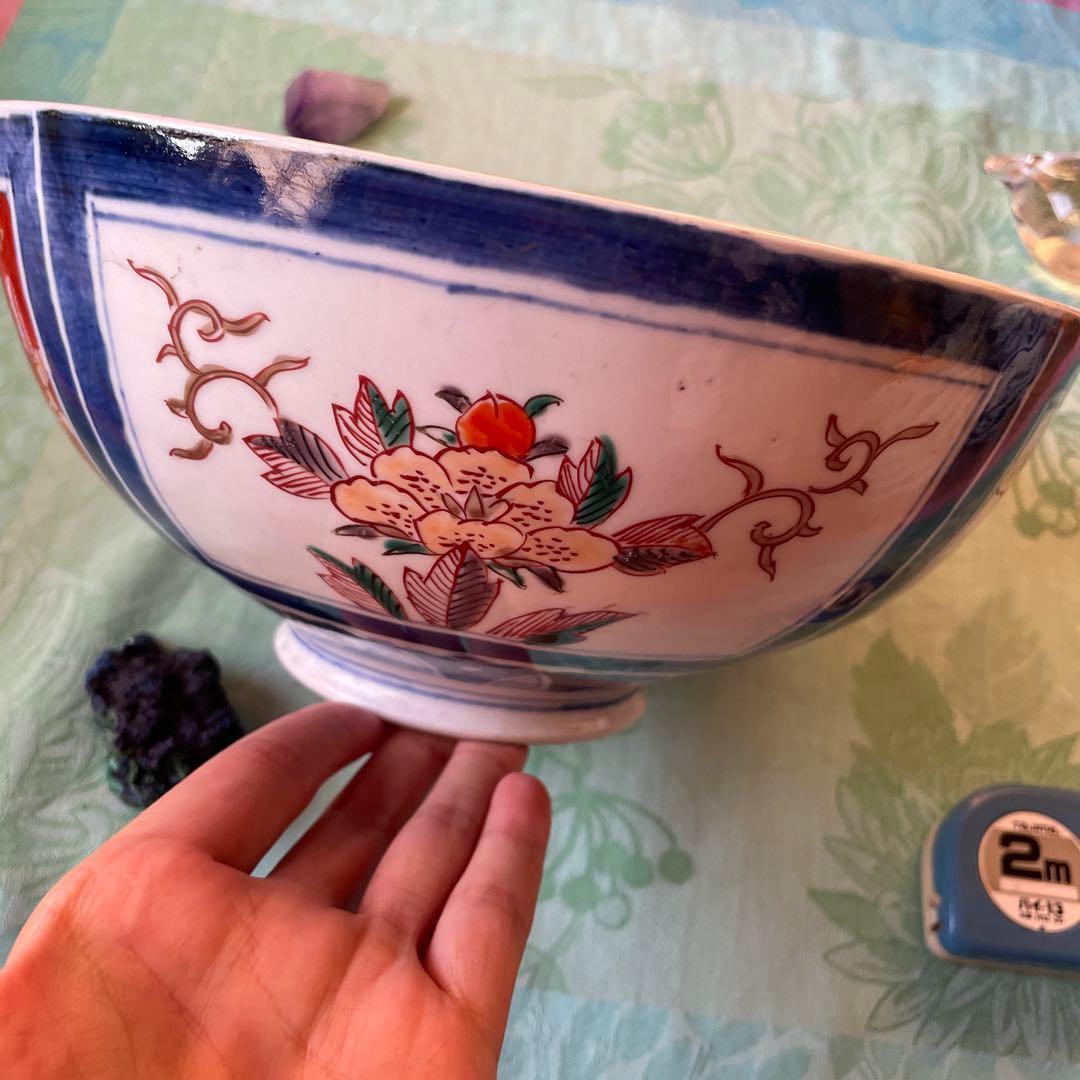 幕末明治　金彩　色絵　染付　獅子　牡丹　深鉢