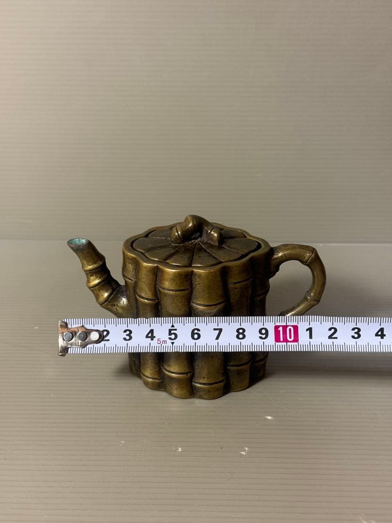 2357 中国骨董　乾隆御製銘　金銅竹節　急須　時代物