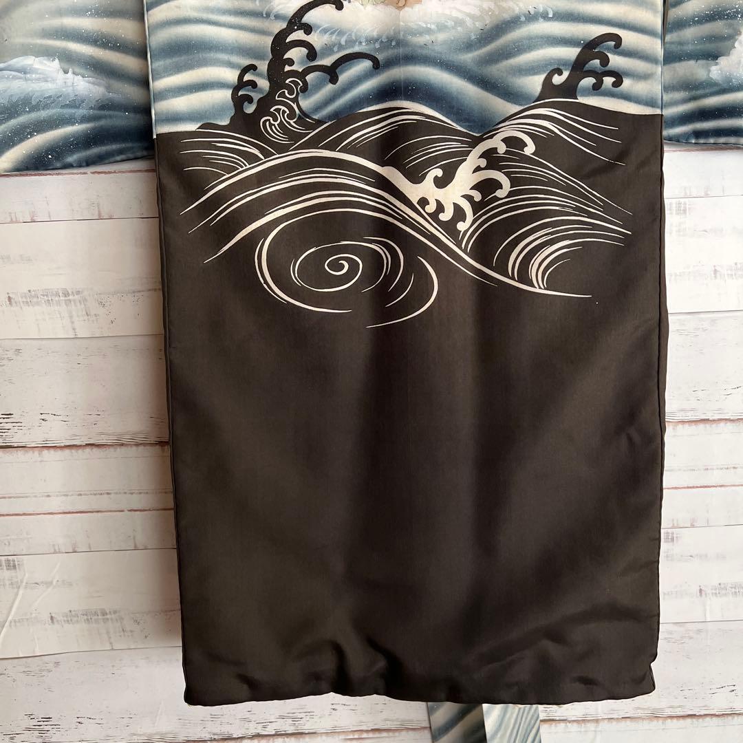 5502◆男の子アンティーク着物五つ紋宝船番鶴波手描き手刺繍時代古裂品格ある逸品