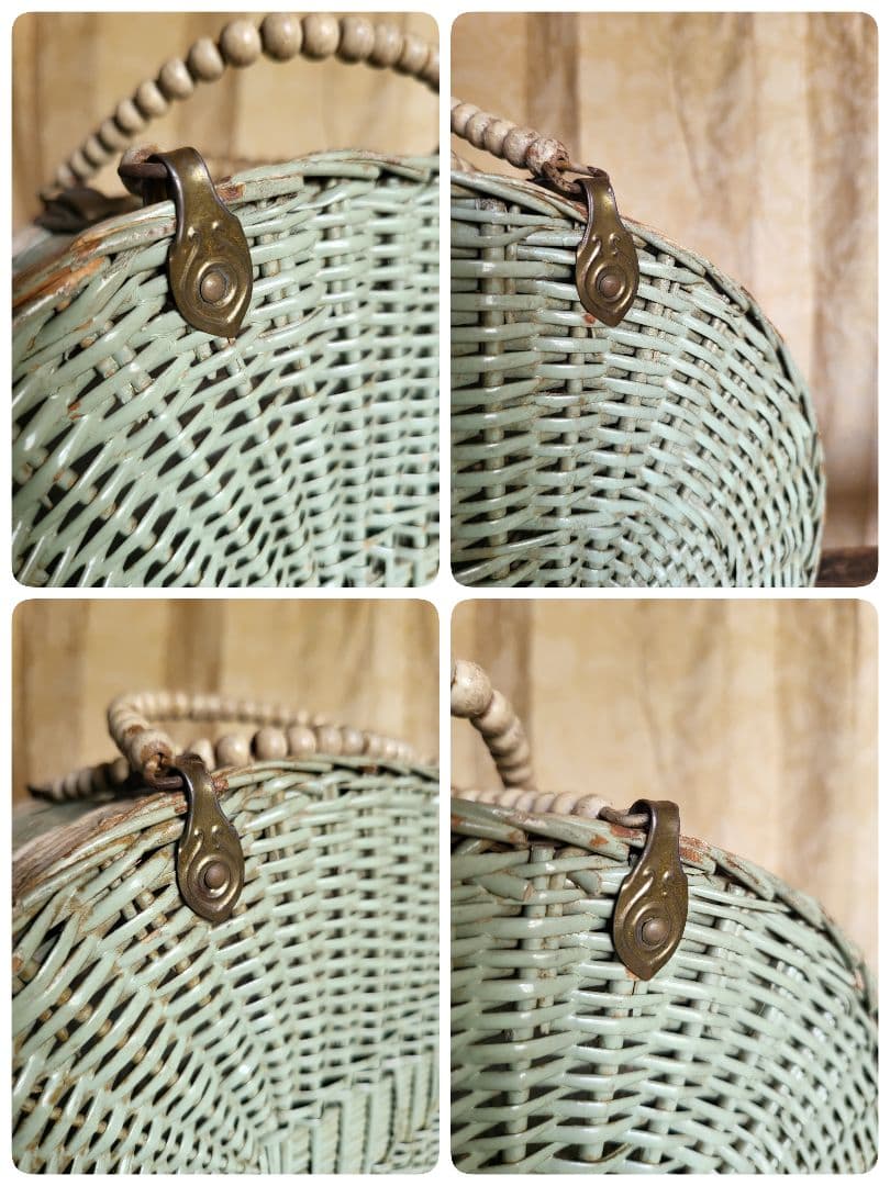 バスケット　カゴ　藤　木製ビーズ の 取っ手　レトロ　古道具