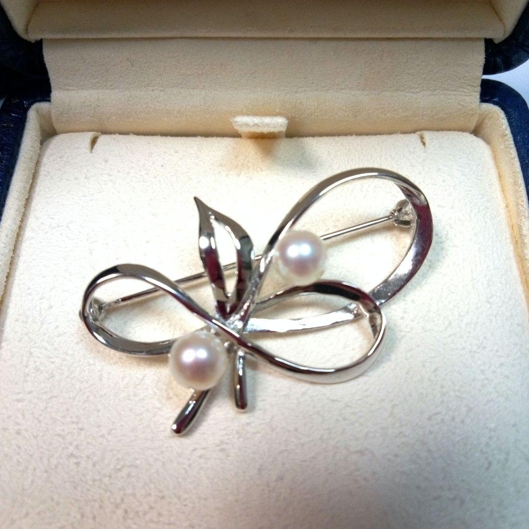 MIKIMOTO ヴィンテージ シルバー パールブローチ リボンリーフ