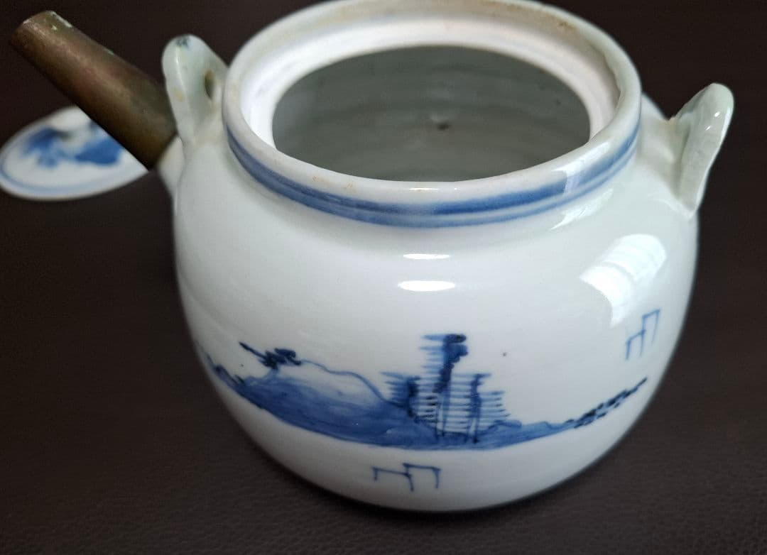 幕末　切込焼　染付山水文急須