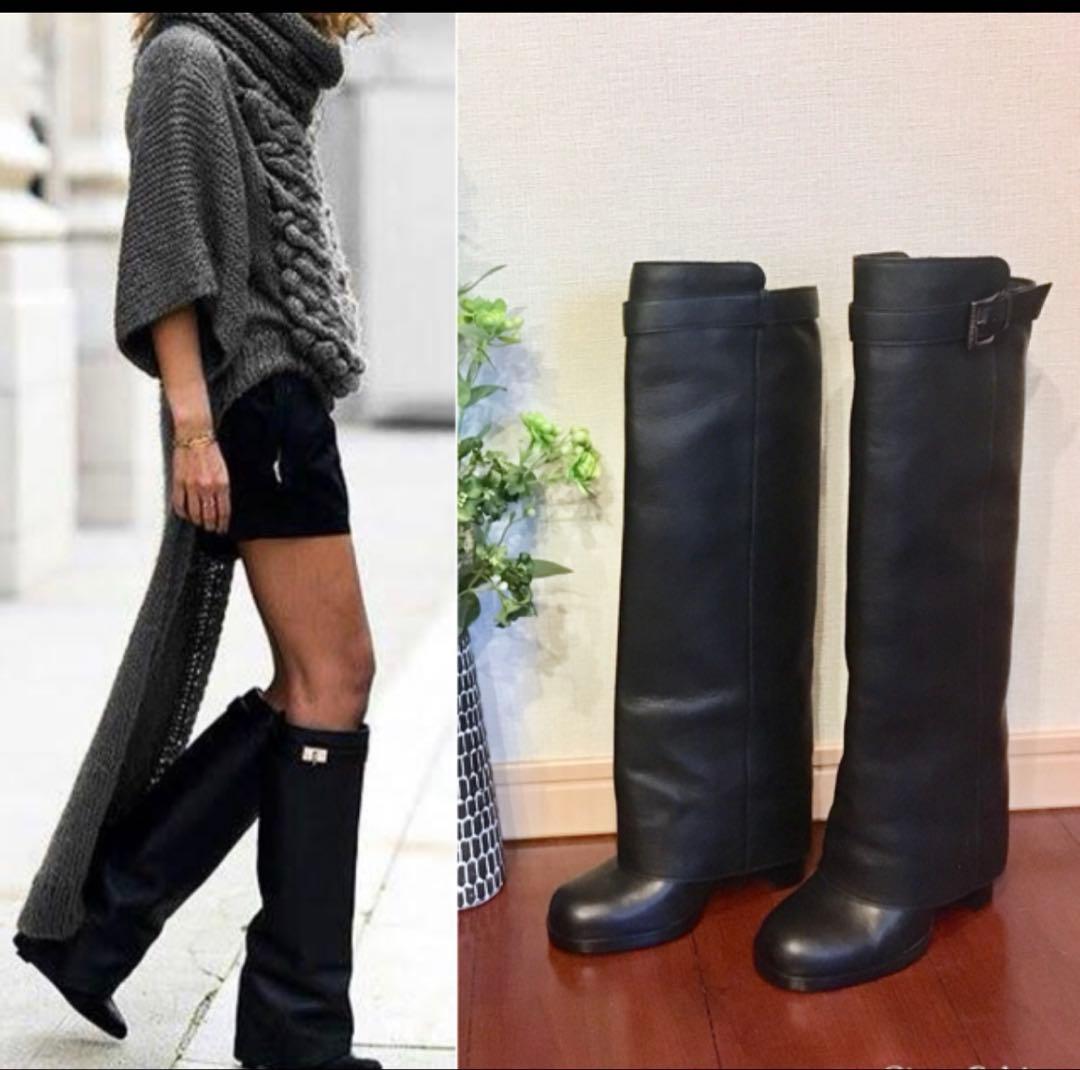 CHANEL シャネル ブラックレザー ロングブーツ バックル付き