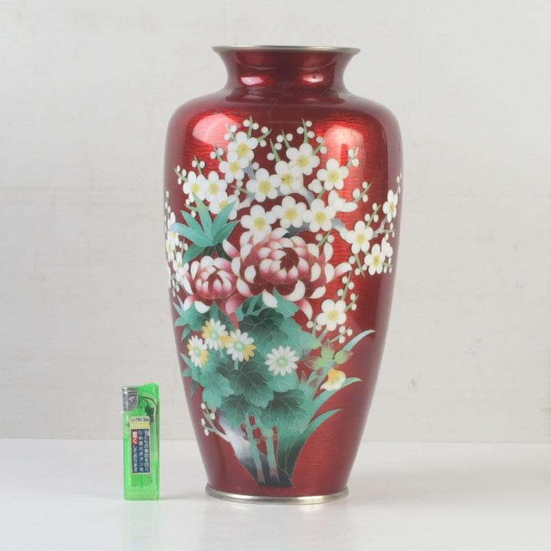 七宝焼　赤透釉　四君子文　花瓶　V　9699A
