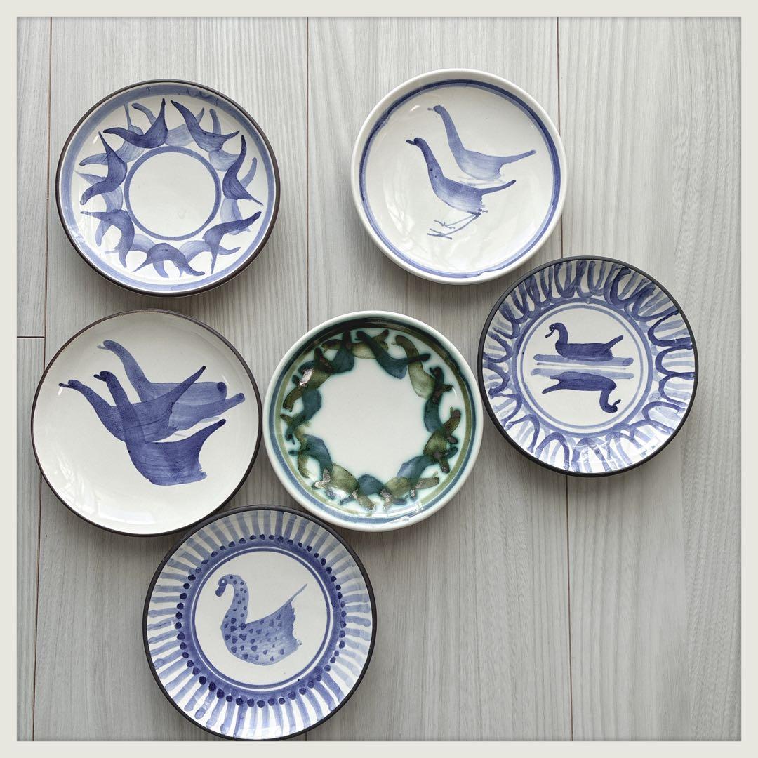 英国ヴィンテージ　RyePottery Wally Coll作　小鳥小皿x6枚組