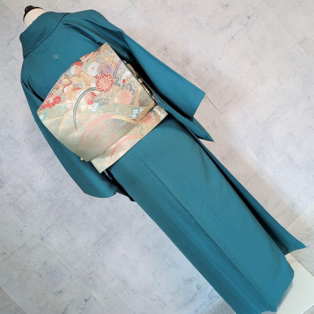 色無地＋長襦袢　着物　フルセット　正絹　比翼仕立て　青緑　O1