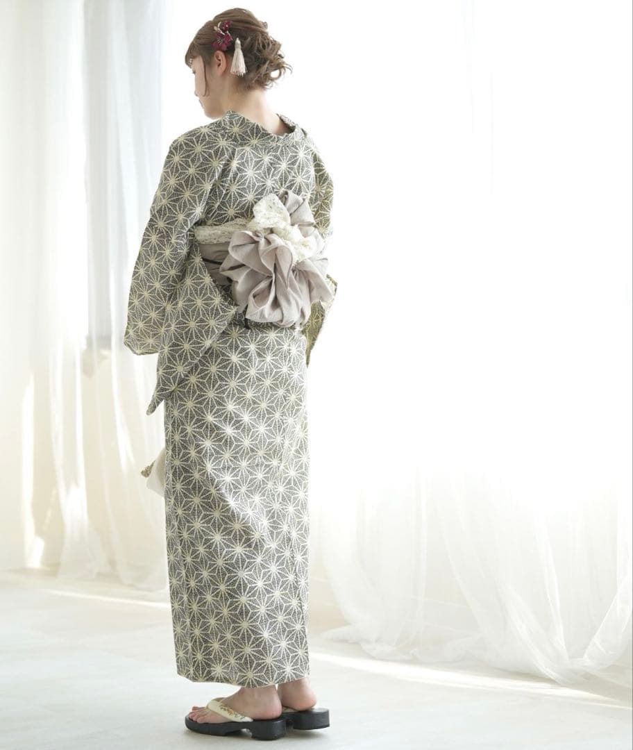 utatane 浴衣3点セット 綿麻 モノクロ点描麻の葉