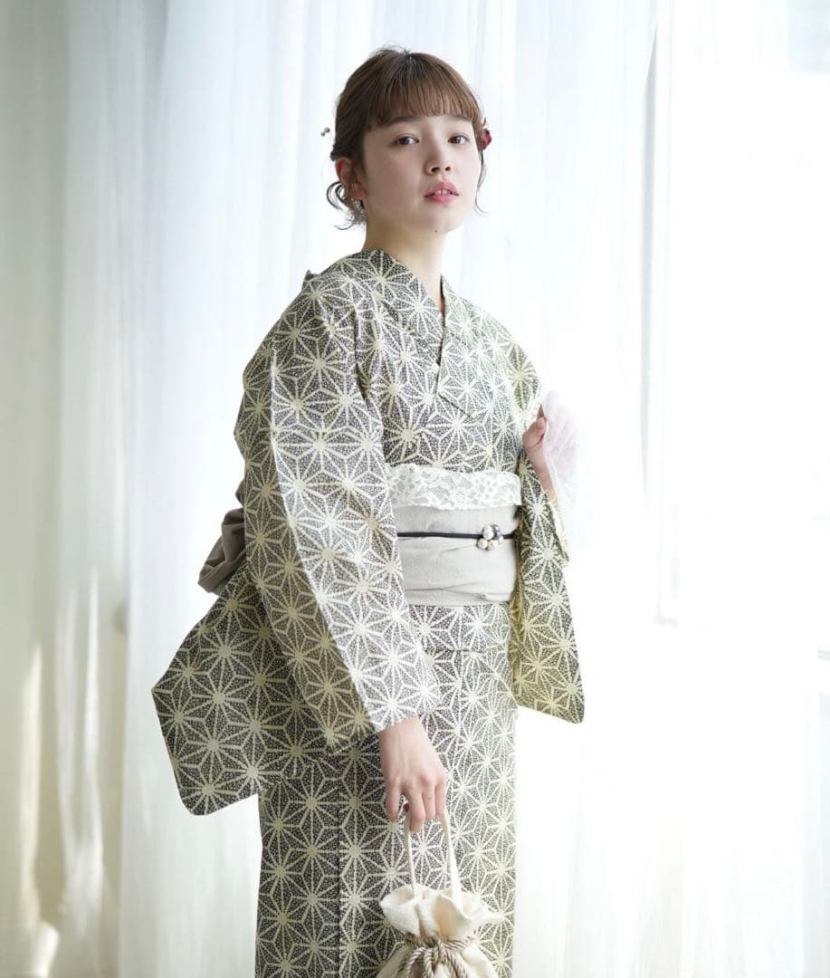 utatane 浴衣3点セット 綿麻 モノクロ点描麻の葉