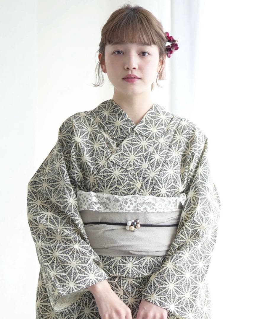 utatane 浴衣3点セット 綿麻 モノクロ点描麻の葉